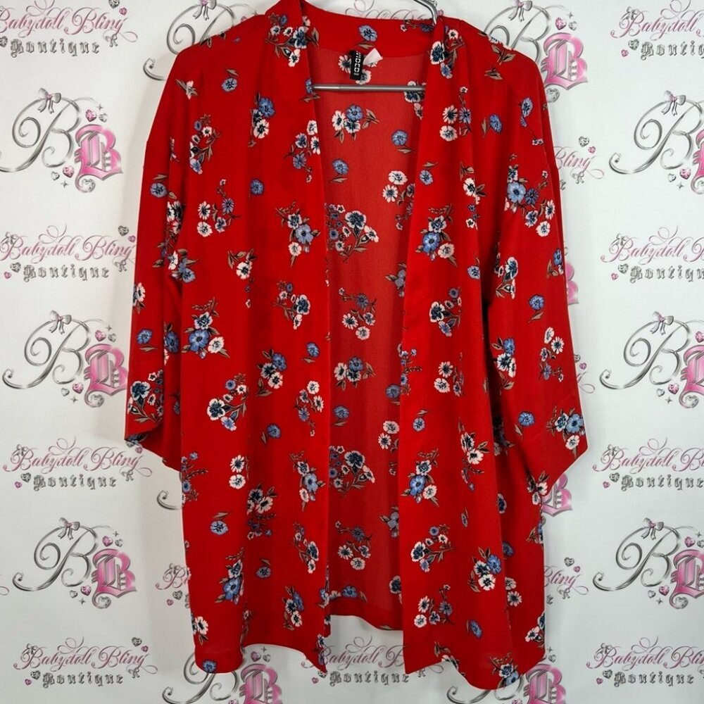 Divided cardigan kimono open front waterfall flowers Floral Red Kimono Cardigan